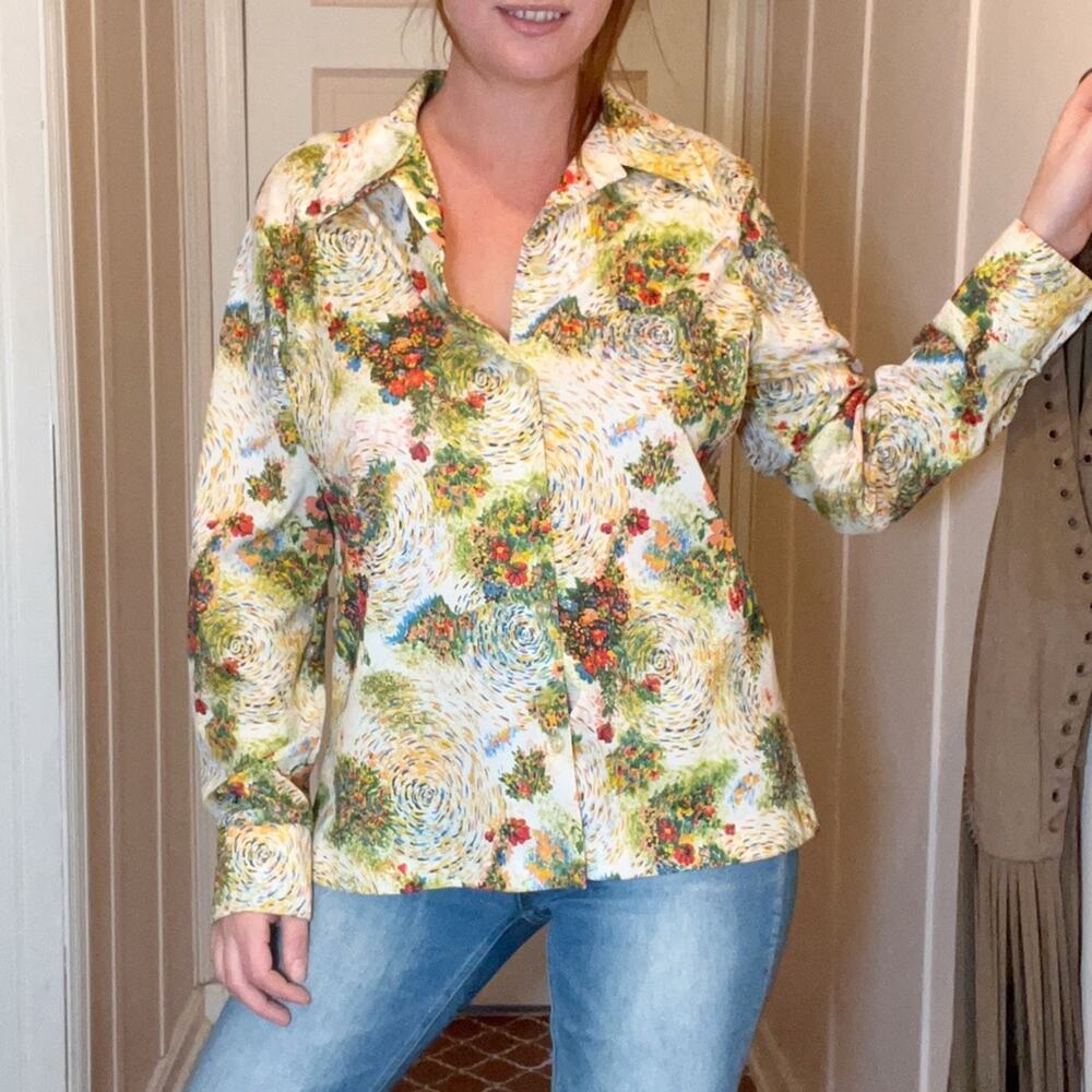 Vintage Top Groovy Button-Down Shirt Floral Swirl Print Costume 70's Retro Y2K